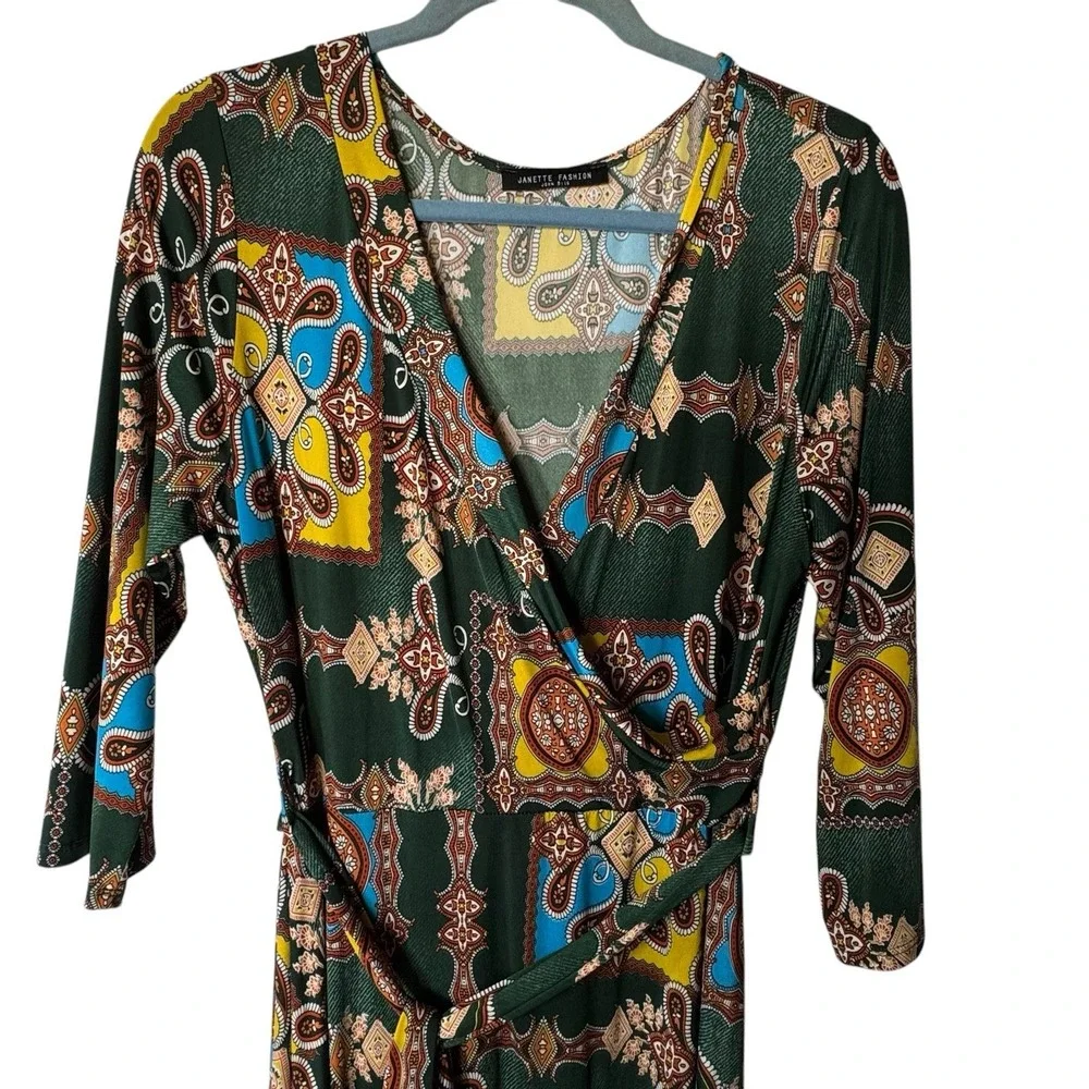 Janette John 3:16 Dress Women L Maxi 3/4 sleeve Floral Paisley‎ long stretch